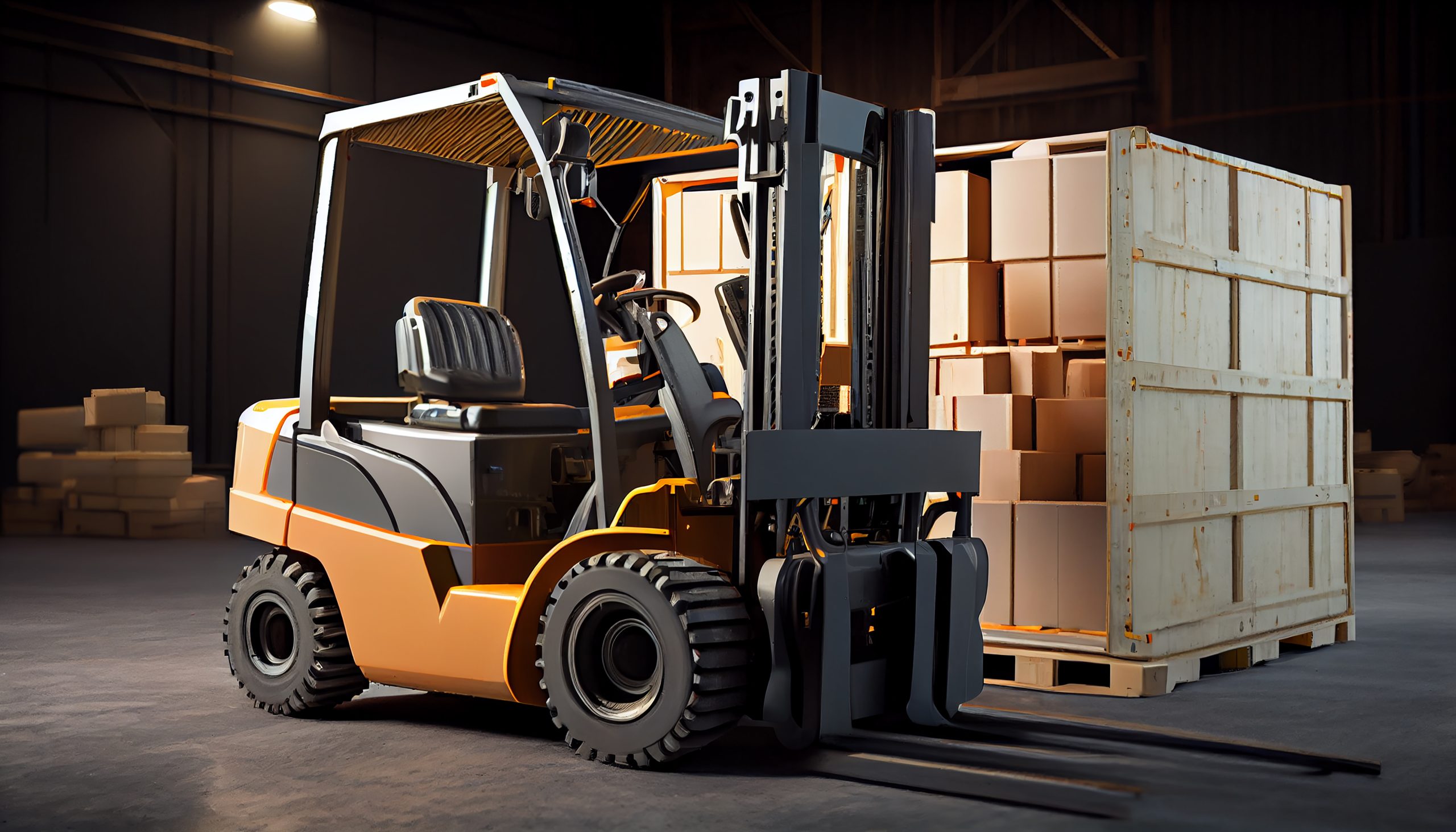 Forklift transporting cargo container in distribution warehouse ,generative artificial intelligence